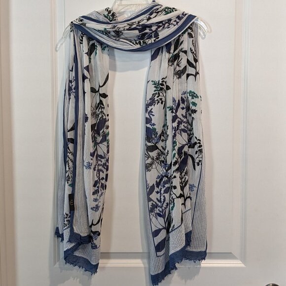 1.2.3 Paris Scarf Rectangular Blue & White Floral 6 ft Long Scarf - Picture 9 of 12